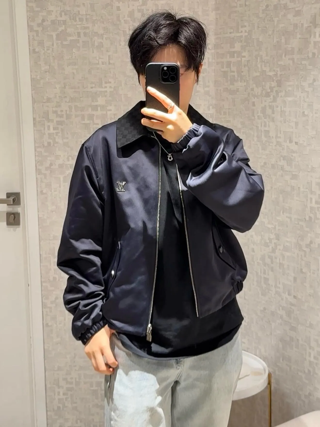 Louis Vuitton/Louis Vuitton checkerboard leather collar double-sided belted jacket